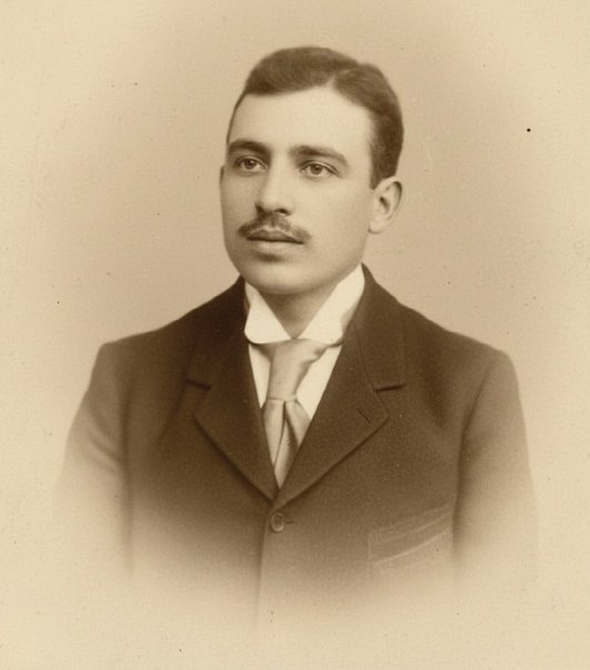 Retrato em sépia de José Rato aos 20 anos, de terno e gravata